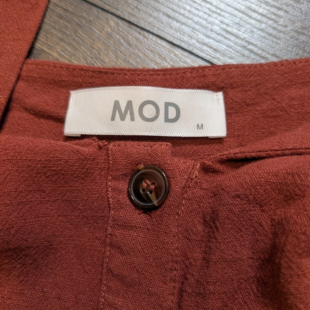 MOD Rust Button-Front Linen Cotton Mini Dress Size Medium - Picture 6 of 9